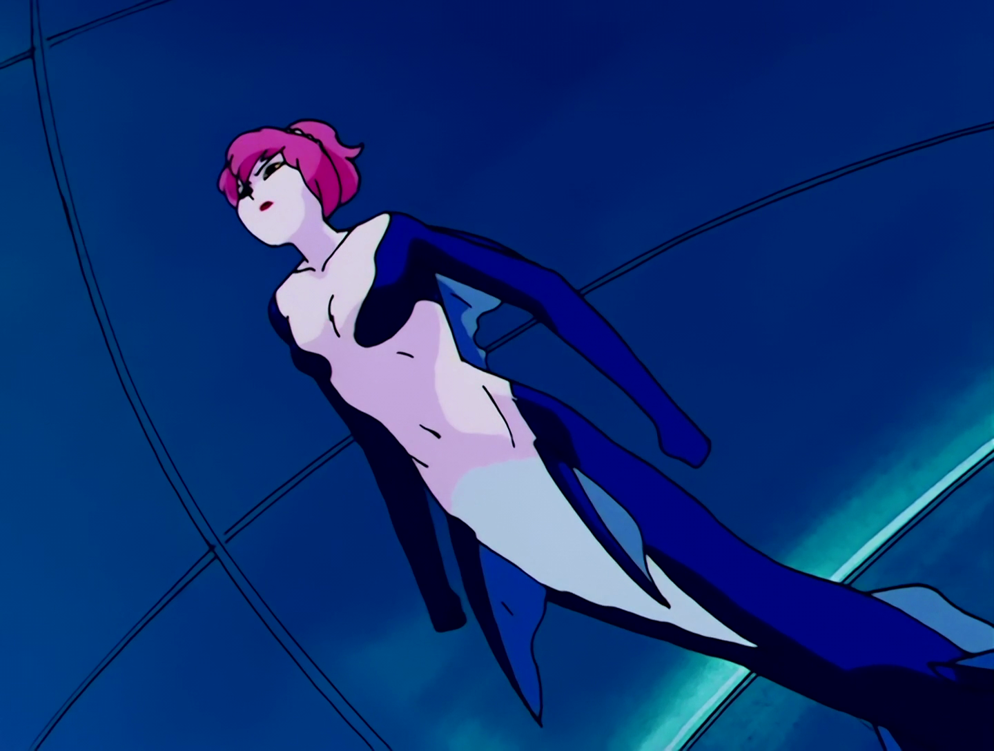 Seiren, a Cardian from Sailor Moon episode 54. She has a pale white and blue body, pattern a bit like an orca, and instead of legs she has fins and a fish tail. Her hair is bright pink, and in this image it’s tied back and looks short, but when unleashed, it’s long and prehensile.